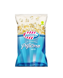 JIMMY's Popcorn zout Family Bag, air popped, gluten free, low calories, healthier, snack, good, crispy, crunchy, blue