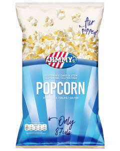 JIMMY's Popcorn zout Family Bag, air popped, gluten free, low calories, healthier, snack, good, crispy, crunchy, blue
