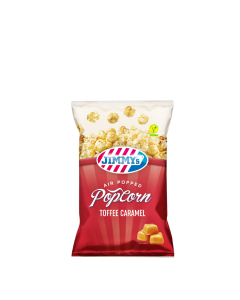 JIMMY's Popcorn Toffee Caramel Impuls bag, air popped, caramel, crunchy, popcorn, best, creamy, vegan, ingredient, red, sweet, satisfying, snack, cinema, movie 