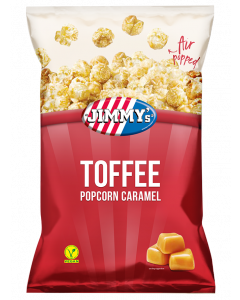 JIMMY's Popcorn Toffee Caramel Impuls bag, air popped, caramel, crunchy, popcorn, best, creamy, vegan, ingredient, red, sweet, satisfying, snack, cinema, movie 