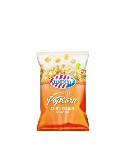 JIMMY's Popcorn Salted Caramel Impuls bag, caramel, sale, air popped, vegan, delicious, sea salt, sweet, snack, best, incredible, good, satisfying, dream, cinema, movie, corn, natural, responsible
