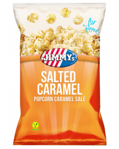 JIMMY's Popcorn Salted Caramel Impuls bag, caramel, sale, air popped, vegan, delicious, sea salt, sweet, snack, best, incredible, good, satisfying, dream, cinema, movie, corn, natural, responsible
