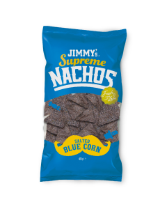 JIMMY's Nachos Triangle Blue Corn 400g, fresh, love, supreme, crunchy, delicious, popcorn, nachos, cinema, movie, buy, barbecue, blue, yellow, green, crispy, crunchy