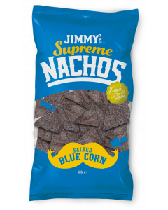 JIMMY's Nachos Triangle Blue Corn 400g, fresh, love, supreme, crunchy, delicious, popcorn, nachos, cinema, movie, buy, barbecue, blue, yellow, green, crispy, crunchy
