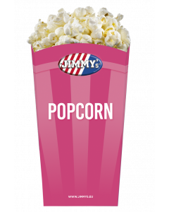 JIMMY's 46oz small, popcornbeker, popcorn, easy, convenient, cinema, eat, love, theatres, pink, pretty, nice, good, crunchy