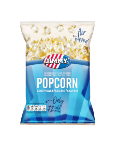 JIMMY's Popcorn zout Mini Bag 72kcal, delicious, healthier, good, salty, popcorn, crunchy, crunch, crispy, glutenfree, blue, calories, delicious, healthier, snack
